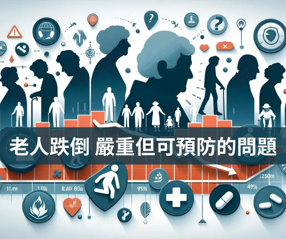 老年人跌倒衛教題圖,多位長者剪影搭配健康相關圖示,含中文標題老人跌倒嚴重但可預防的問題