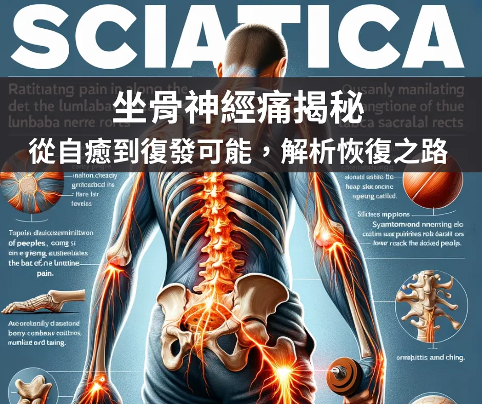 坐骨神經痛主題封面，背部脊椎沿線以紅色高亮顯示放射痛分布，大標 SCIATICA 與中文標題坐骨神經痛揭秘
