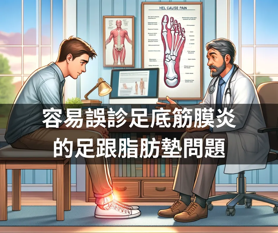 診間醫師與足跟疼痛患者插畫，標題「容易誤診足底筋膜炎的足跟脂肪墊問題」