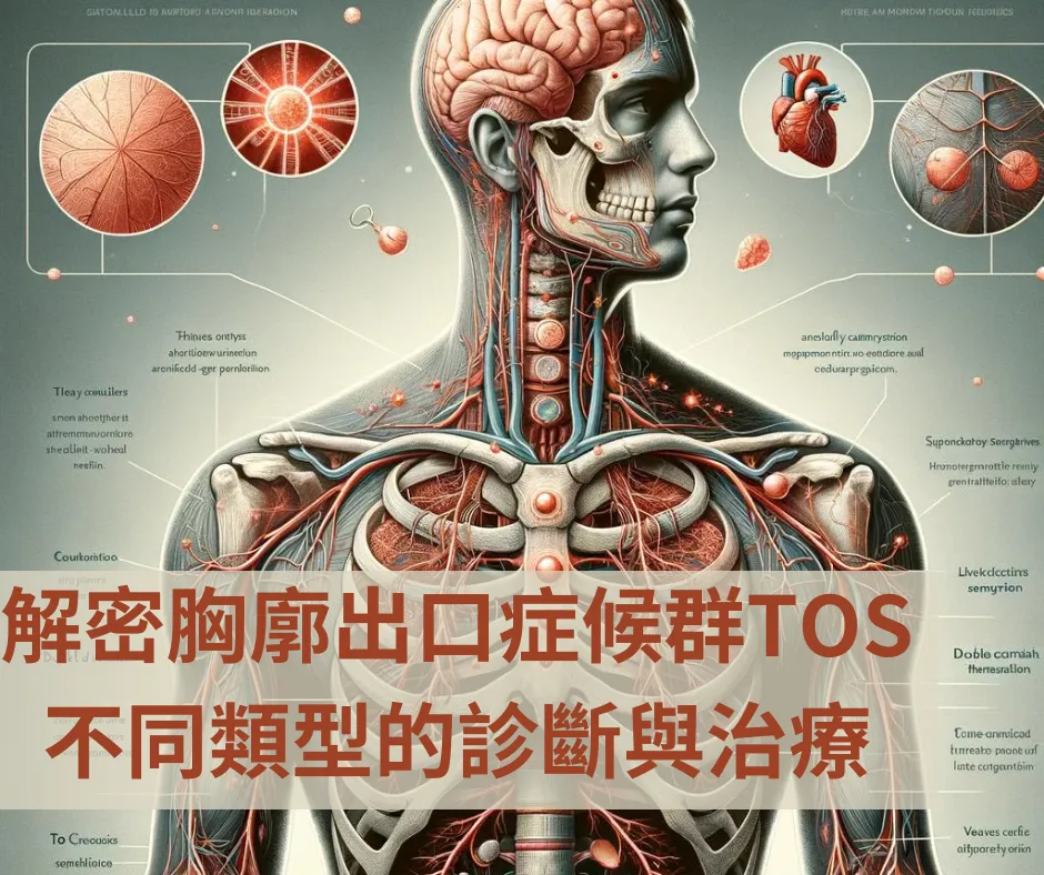 胸廓出口症候群TOS文章封面，側面頭頸與上半身人體插畫以紅線描繪血管與神經走向，疊上中文標題