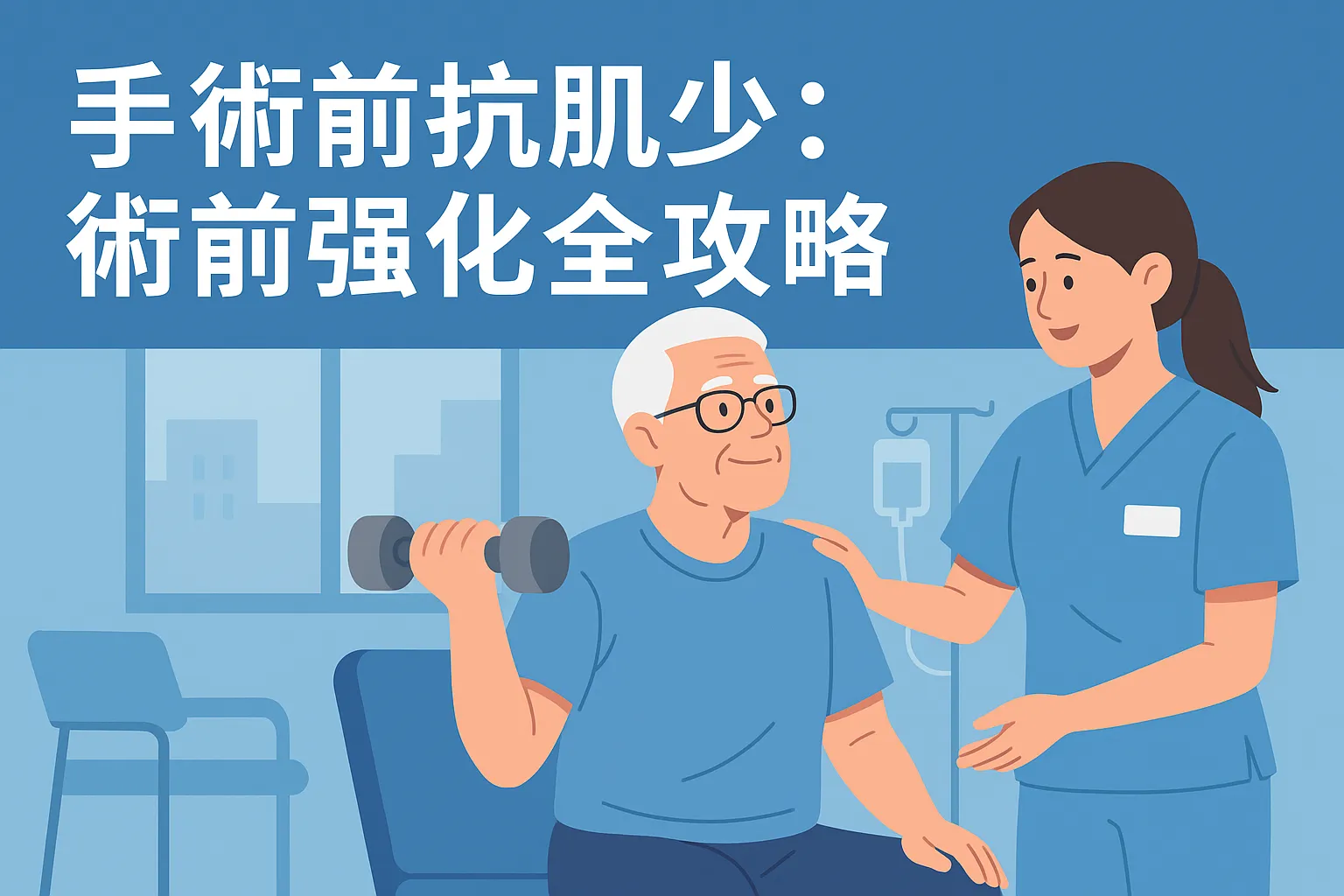 手術前抗肌少術前強化全攻略題圖，插畫中白髮長者手持啞鈴做阻力訓練，醫護人員在旁協助