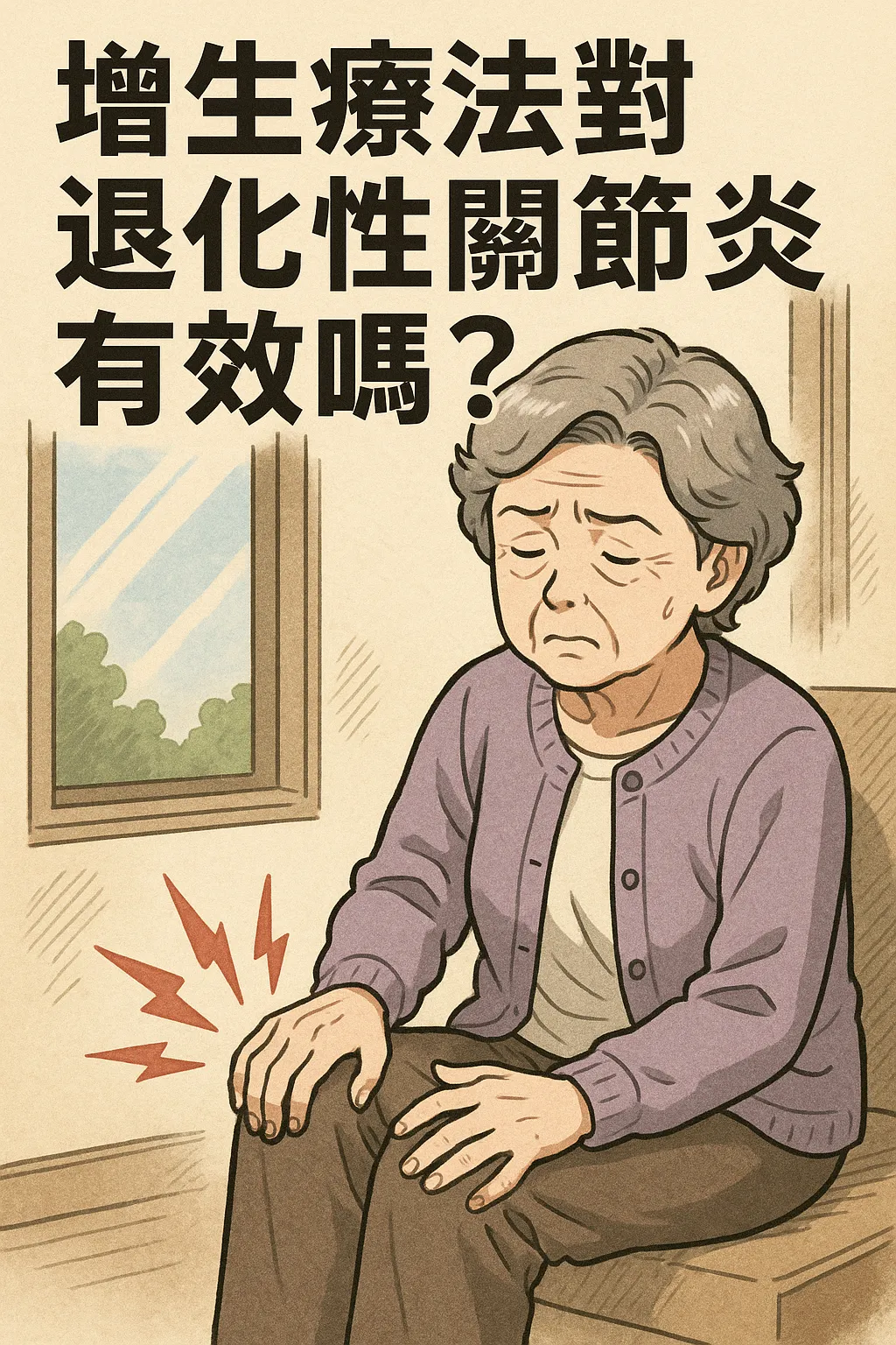 長者手扶疼痛的膝蓋插畫,標題「增生療法對退化性關節炎有效嗎?」